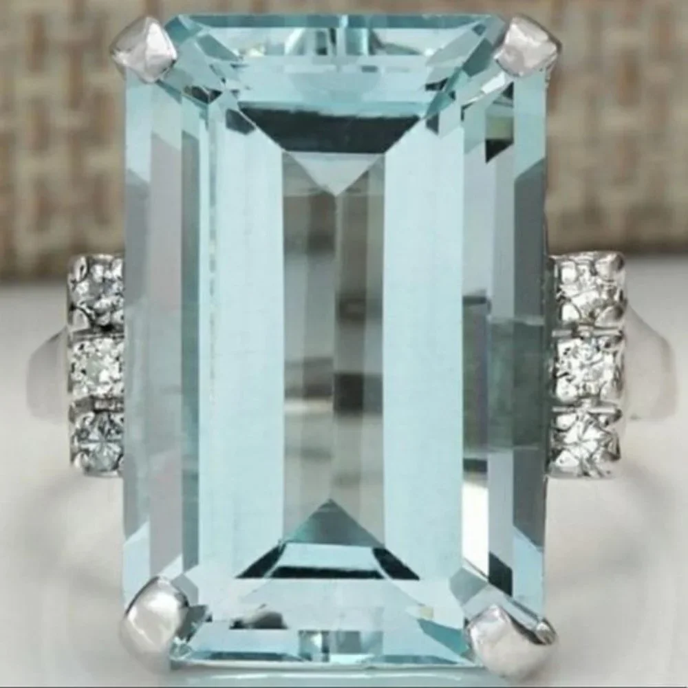 NEW HUGE AQUAMARINE DIAMOND 925 SILVER RING, CUTE RING, SHINY RING. - Picture 3 of 5